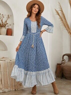 Colorways Blue & White Boho Maxi Dress Small